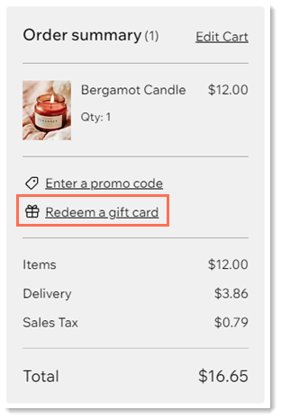 Screenshot of part of the checkout page with the