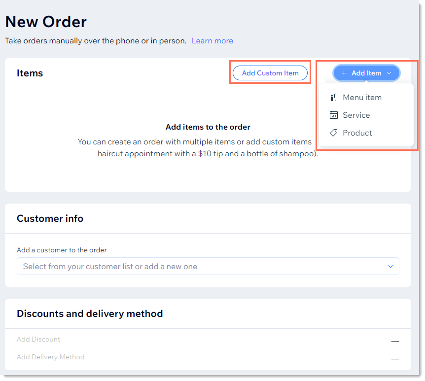 Screenshot of the page where you can create a manual order