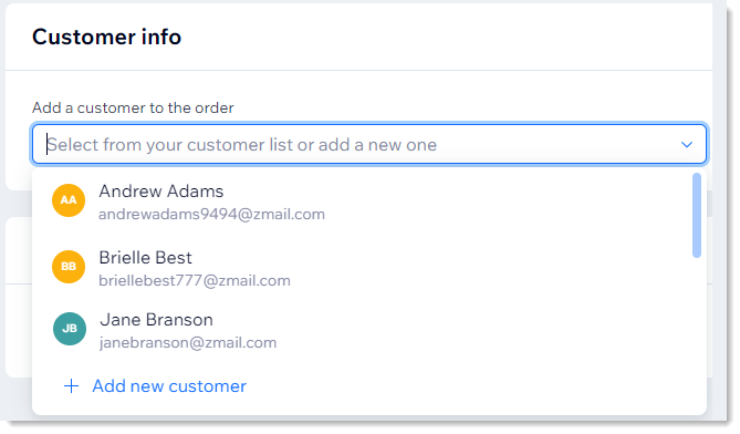 Screenshot of customer selection popup in the create a manual order screen