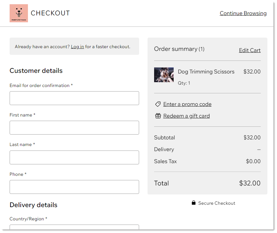 Screenshot of a site's checkout page