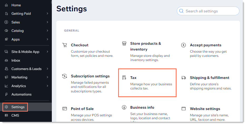 Screenshot showing access to the Settings tab in the dashboard and the Tax settings