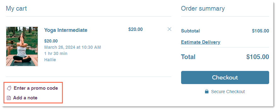 Screenshot of the cart page with the promo and note links outlined