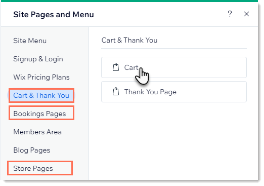 Capture d'écran des pages et du menu montrant les points d'accès à la page panier