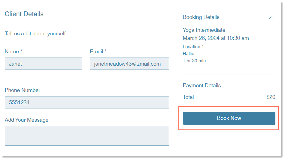 Screenshot of the Bookings Form page with the Book Now button outlined