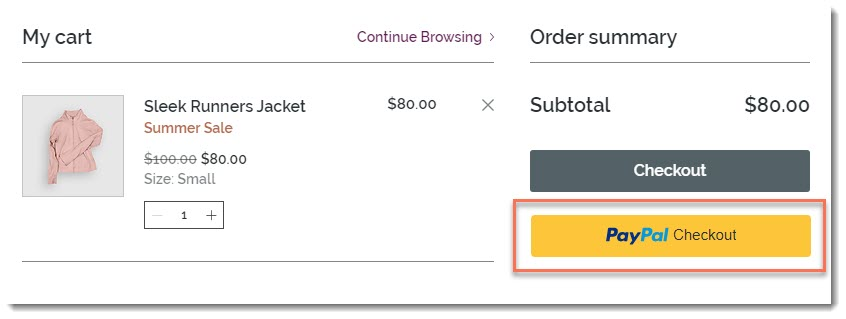 Screenshot della pagina del carrello con il tasto di checkout rapido PayPal in evidenza