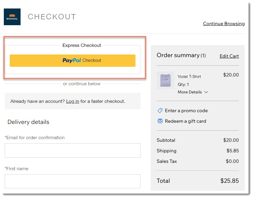 Screenshot della pagina di checkout con il tasto di checkout rapido PayPal in evidenza