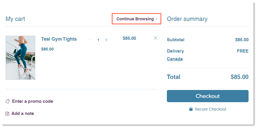 Screenshot of the cart page with the Continue Browsing link outlined