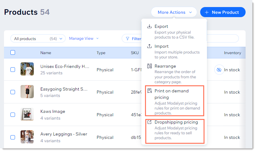 Screenshot of the more actions drop-down in the products tab, with the pricing rule options outlined