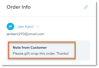 Screenshot of part of an order in the Orders tab with a customer note outlined