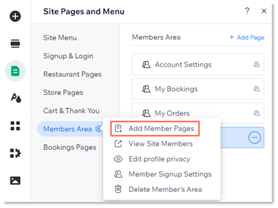 Screenshot of the Members Area section in Pages & Menu. The Add Member Pages options is outlined