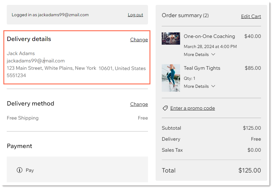 Screenshot of the checkout page displaying saved address details