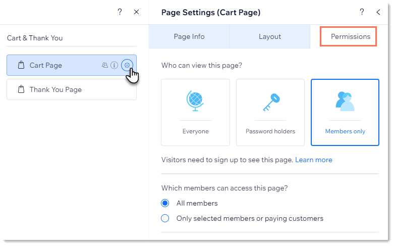 Screenshot of Pages & Menu in the Wix Editor, with the settings open to the Permissions tab.