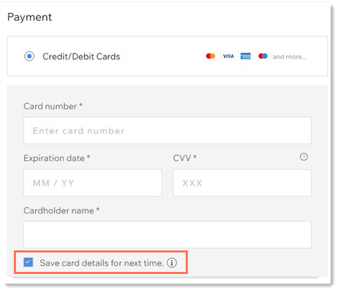 Screenshot della sezione dei pagamenti con carta di credito della pagina di checkout con la casella di spunta per salvare i dettagli della carta di credito