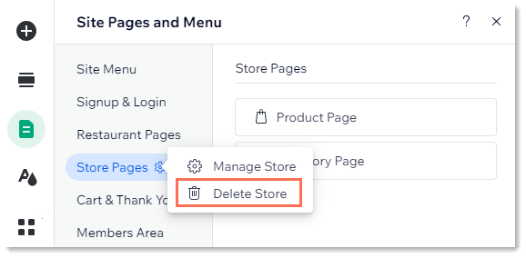 Screenshot of Pages & Menus in the Wix editor, with the settings icon next to Store Pages clicked on & Delete store outlined