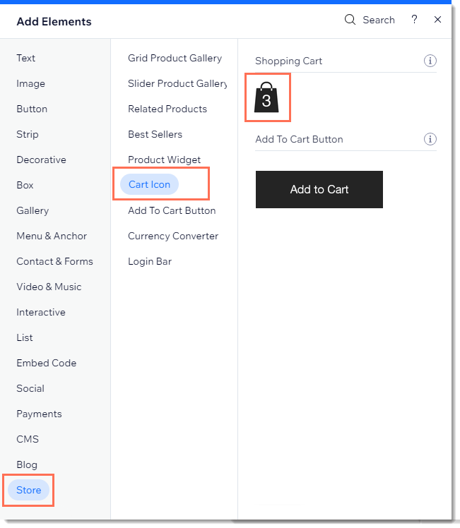 Capture d'écran du panneau Ajouter, avec Wix Stores et l'icône panier mises en évidence