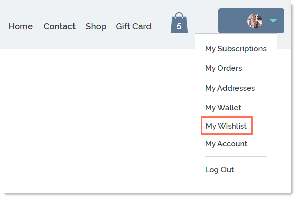 Screenshot of the Members Area drop-down in a Wix Stores site, with the My Wishlist option outlined