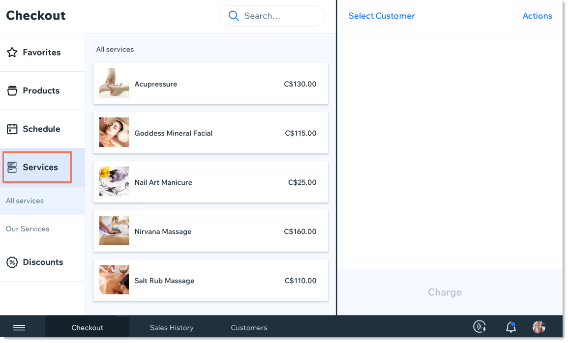 Screenshot of the Services list in Wix Retail POS