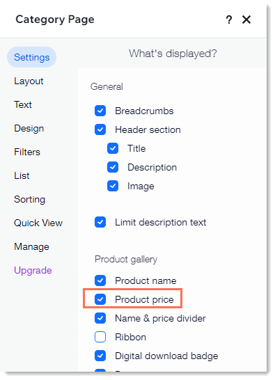 Screenshot of the settings tab in the Category Page settings, with the product price checkbox outlined