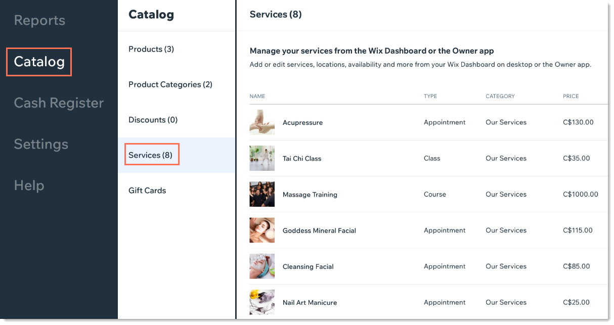 Screenshot of the Services listed in the Catalog in Wix Retail POS
