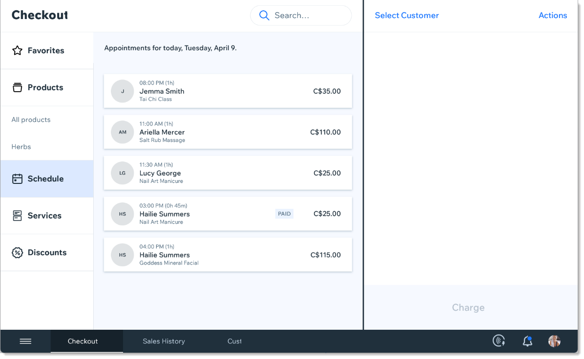 Screenshot of the Schedule tab in the Checkout area of the Wix Retail POS system