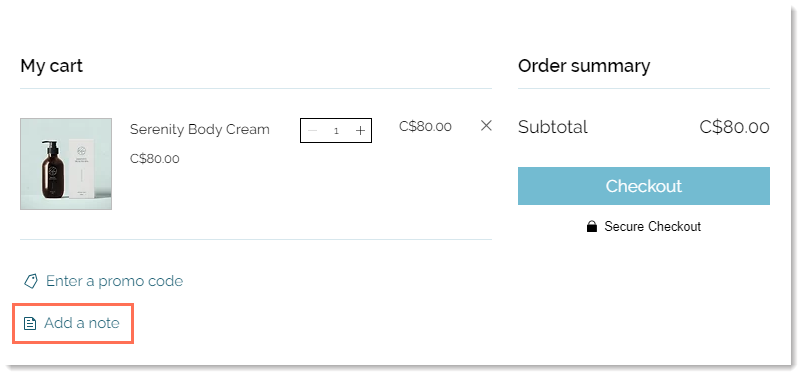 Captura de tela da página do carrinho em um site de exemplo com o link Adicione uma observação em destaque