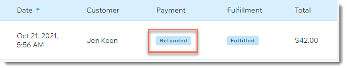 Screenshot of an order in the Orders list with the refunded status outlined