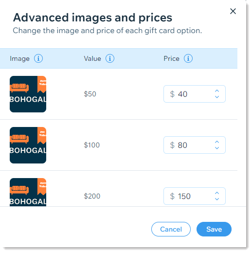 Capture d'écran de la fenêtre où vous ajoutez des prix réduits et des images pour chaque valeur de la carte cadeau Wix