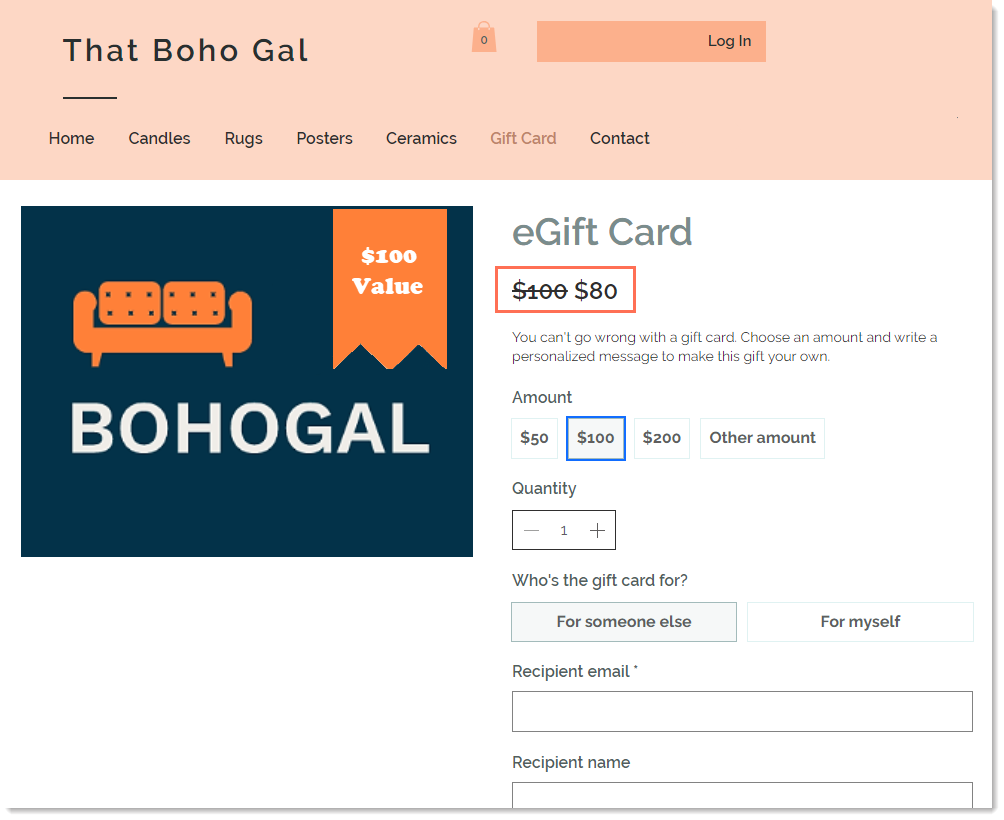 Screenshot of a Wix gift card order page with a discounted card