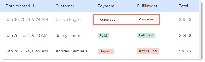 Screenshot of the list of orders in the Orders tab, with the refunded and canceled labels on an order outlined