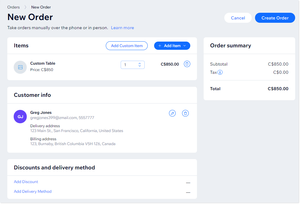 Capture d'écran de l'écran de création d'une commande manuelle dans le tableau de bord Wix
