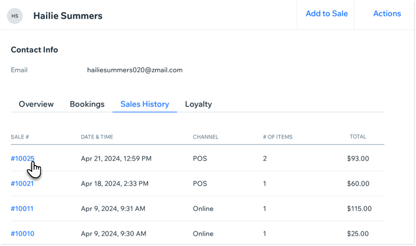 Screenshot of a customer's history in the Customer List in the Wix Retail POS