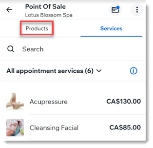 Screenshot of a POS sale in the Wix Owner app showing the screen where you can add products or services to the cart