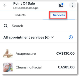 Screenshot of a POS sale in the  Wix Owner app showing the screen where you can add products or services to the cart