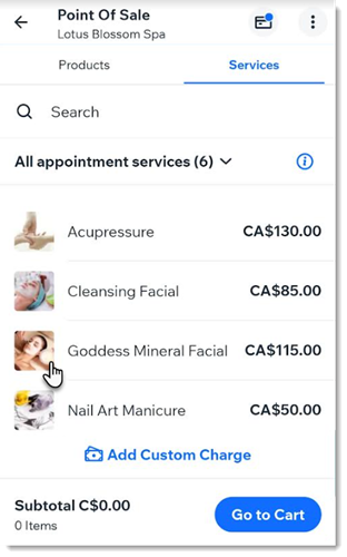 A screenshot showing the services tab in owner checkout on the wix owner app.