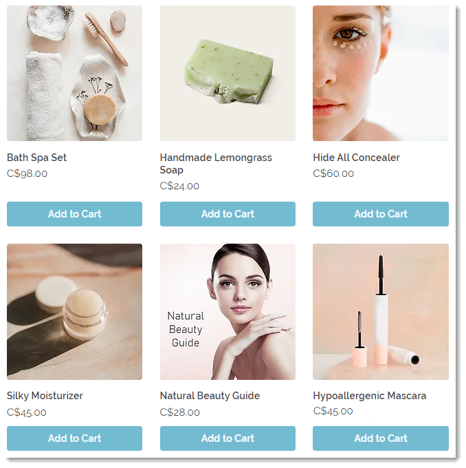 Screenshot of a sample grid product gallery in a Wix store