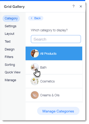 Screenshot van het Categorie-tabblad in het instellingenpaneel voor een Wix Stores-rastergalerij