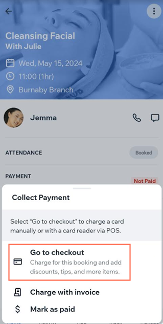 Screenshot of Manage Participants screen in Wix Owner app after the Collect Payment button tapped -Go to Checkout outlined