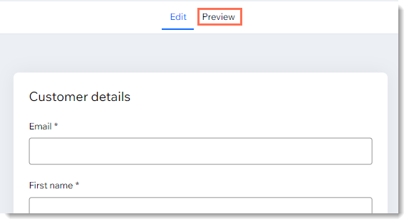 Screenshot of the Checkout Form composer page in Wix with the Preview tab outlined