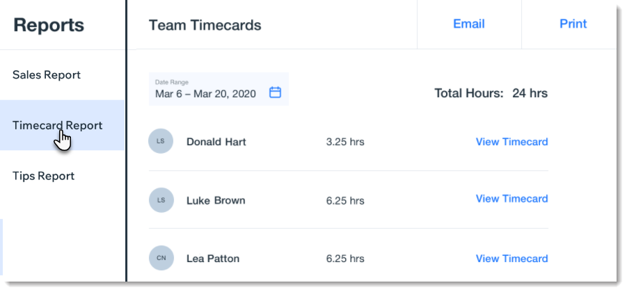 Screenshot of the Team Timecards report in the Wix Retail POS tablet