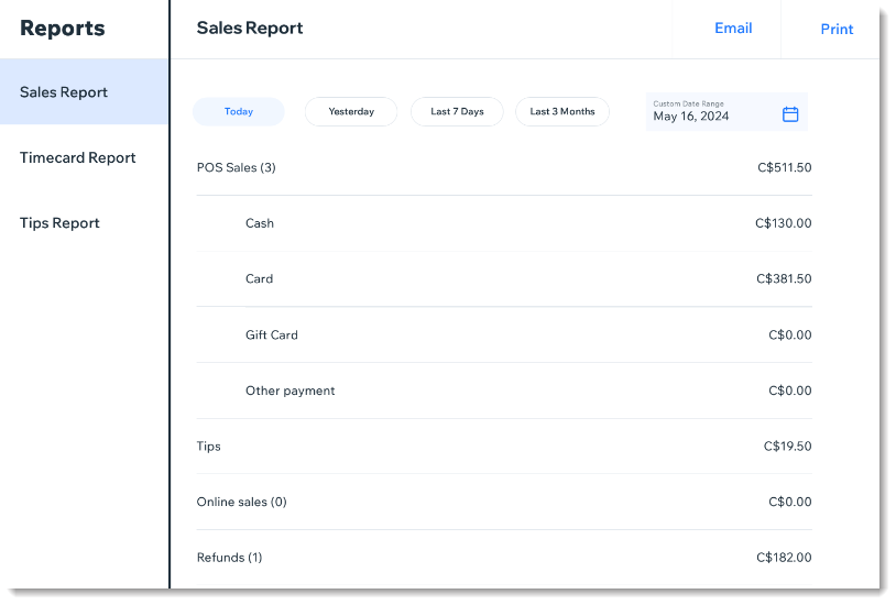 Screenshot of a sales report in the Wix Retail POS tablet