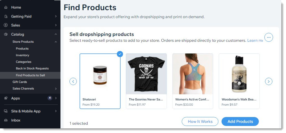 A screenshot of the Find Products to sell tab in the dashboard.