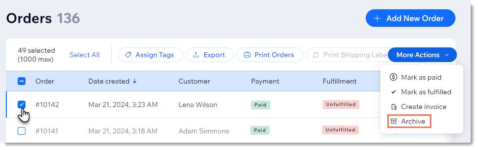 Screenshot of the Orders tab, with one order selected and the Archive option outlined