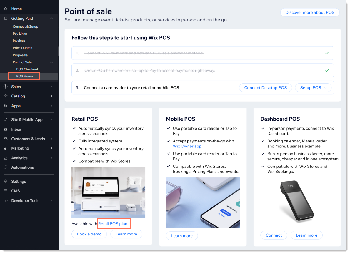 Screenshot of the POS tab in the Wix site dashboard, with the Retail POS Plan link outlined