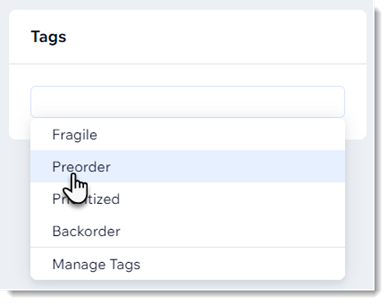 Screenshot of the tag field in an order in  Wix