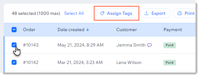 Screenshot of the Orders tab with multiple orders selected and the Assign Tags button outlined
