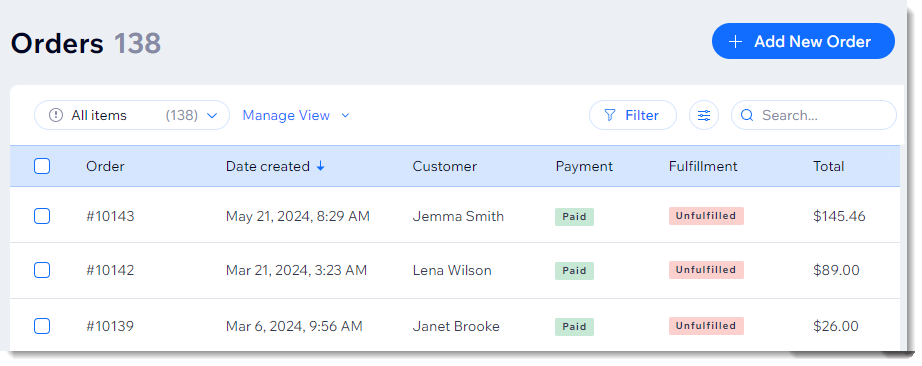 Screenshot of the list of orders in the Orders tab in the Wix dashboard