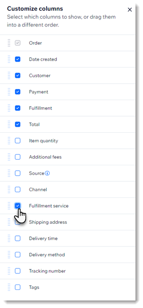 Screenshot of the sidebar in the Orders tab in the Wix dashboard where you can select which columns to display