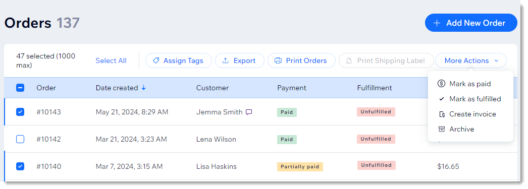 Screenshot of orders in the Orders tab in the Wix dashboard