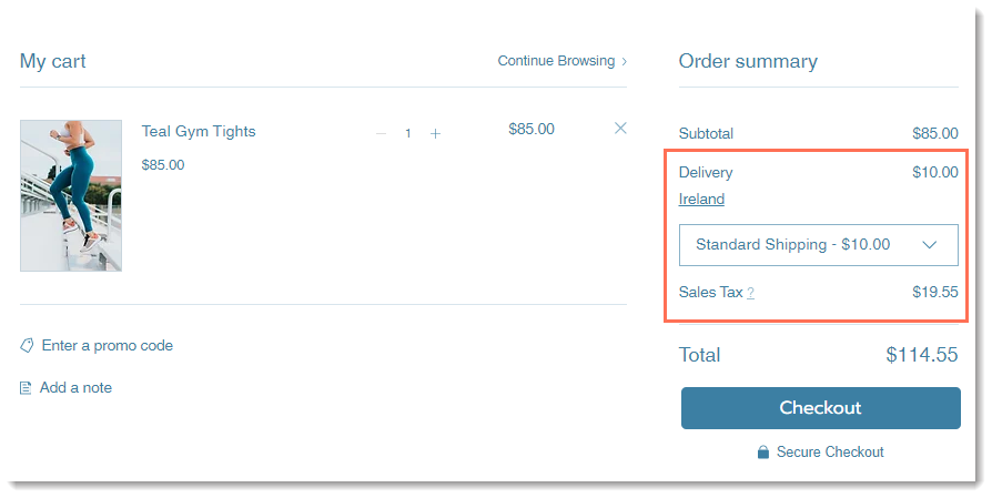 Screenshot of the Cart Page with the shipping and tax info outlined