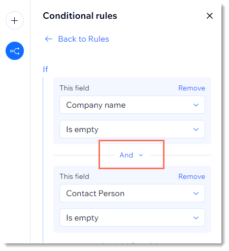 Captura de pantalla de la configuración de las reglas condicionales para la página de finalización de compra